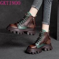 gktinoo women ankle boots winter 2022 new genuine leather shoes zip round toe wedges retro mixed colors platform short boots
