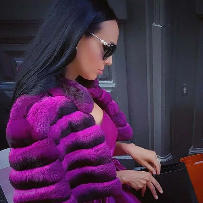 Fashion Short Natural Rex Rabbit Fur Coat Stand Collar 2022 Winter New Rose Purple Women Genuine Rex Rabbit Fur Jacket Outwear