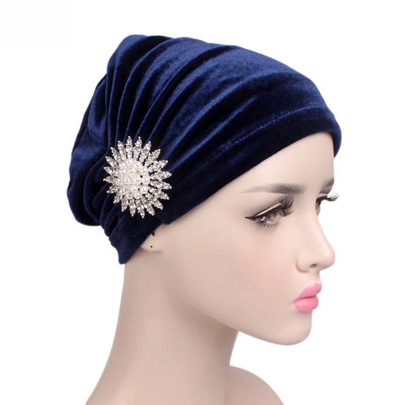 Женская бархатная Шапка-тюрбан с оборками и блестящими перламутровыми Головными