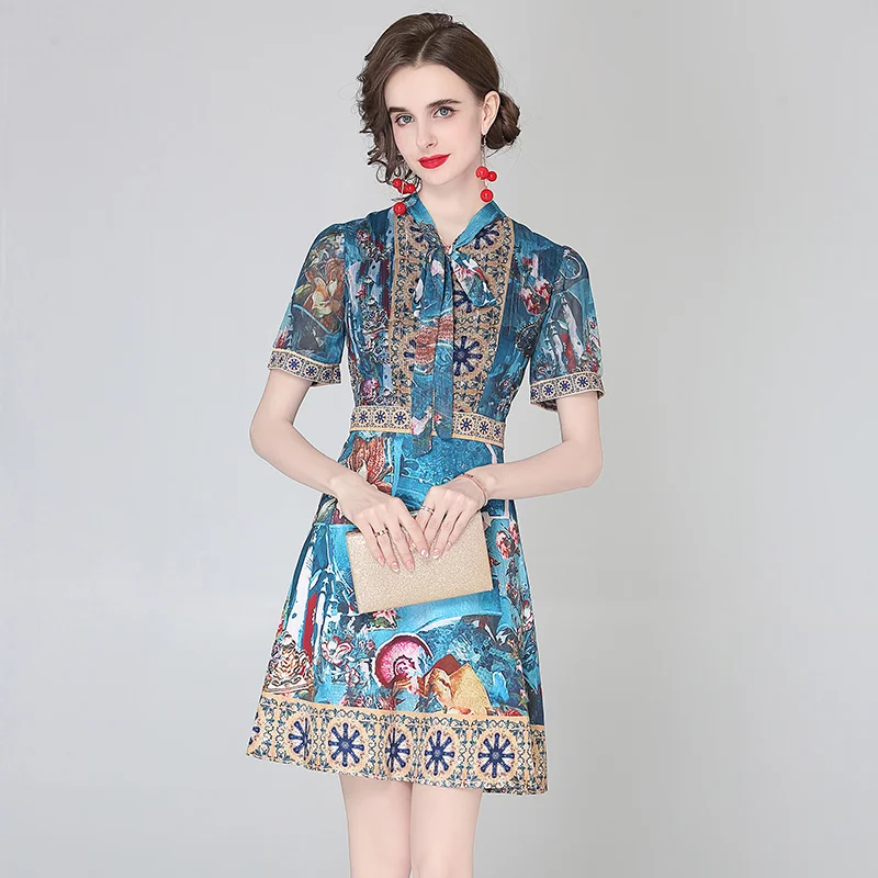 

2022 Women's Summer Dress European Retro Bow-neck Printed Lace-up Short Dress New Waist Female Dresses X480