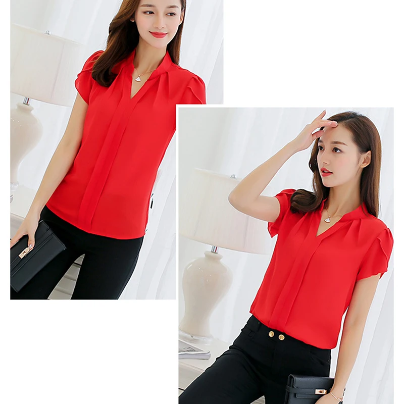 

Blouse Women 2021 Office Ladies Chiffon White Shirt Short Sleeve Elegant Tops Casual Overalls Plus Size Female Clothing