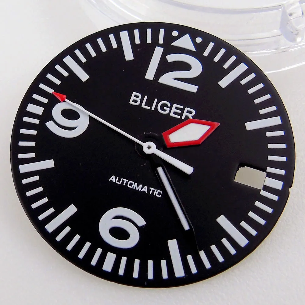 BLIGER fit NH35A Green Lume 29mm BLACK Watch Dial Face Date Calendar Window Hand Set