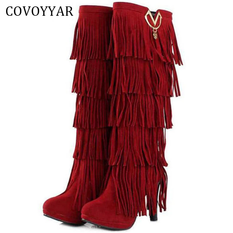 Женские сапоги с кисточками корейские из флока на высоком каблуке металлическим