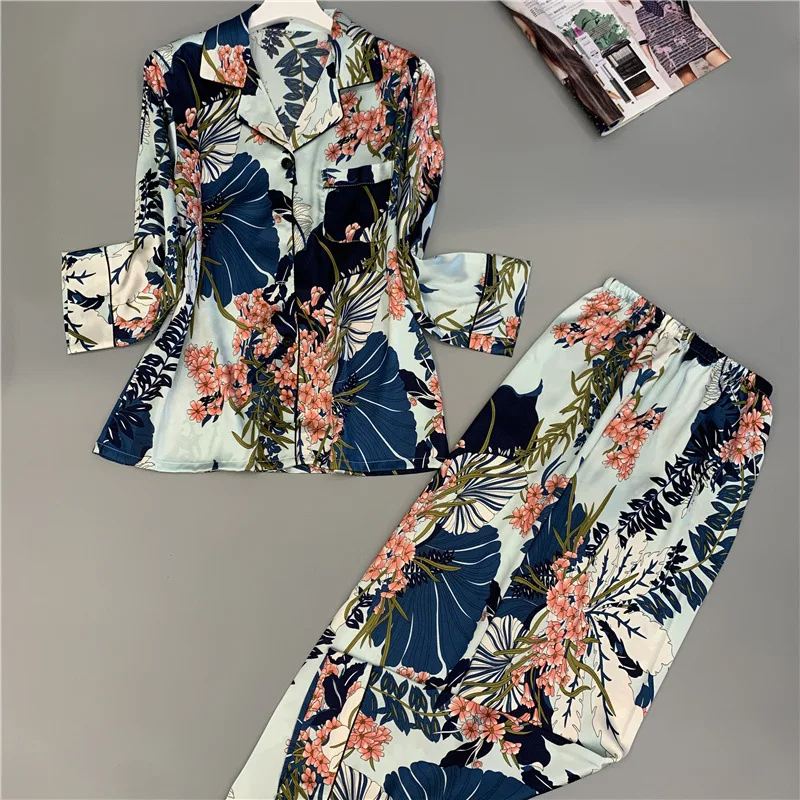 Весенние Новые Модные женские пижамы с принтом шелковые длинные удобные |