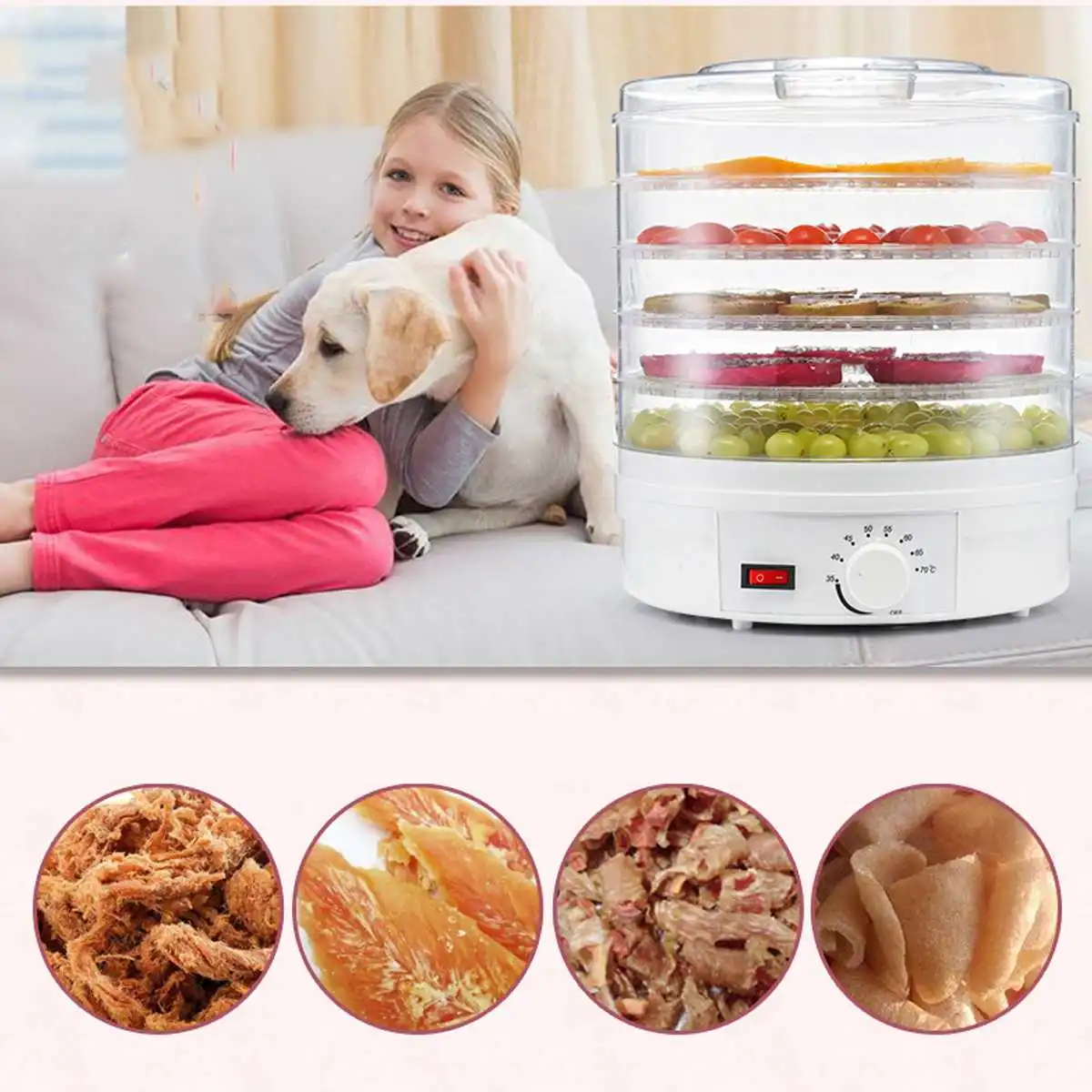 

5 Trays 220V Food Dryer Dehydrator With Temperature Control for Fruit Vegetable Meat Beef Jerky Drying Machine AU Plug