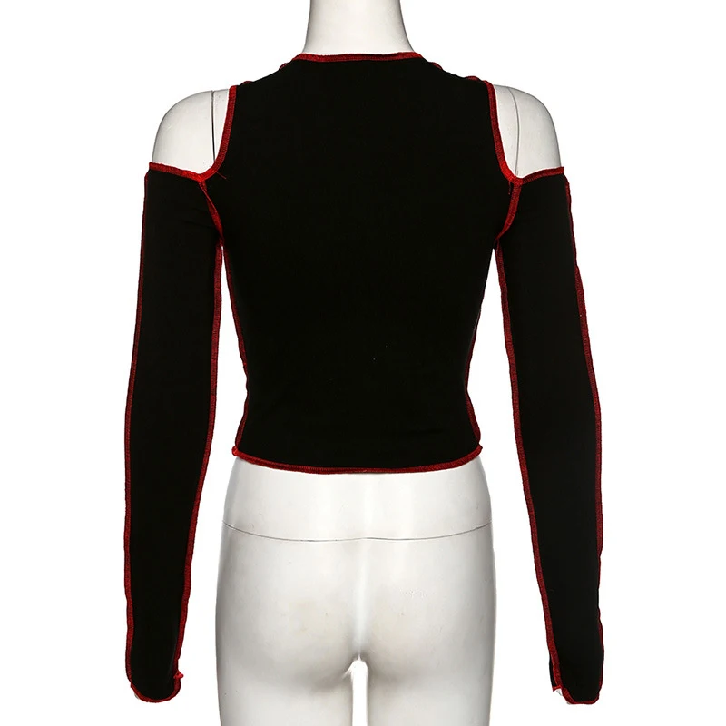 

ALLNeon Y2K Fashion Patchwork Stitch Open Shoulder Crop Tops Punk Style O-neck Long Sleeve Black T-shirts Streetwear E-girl Tee