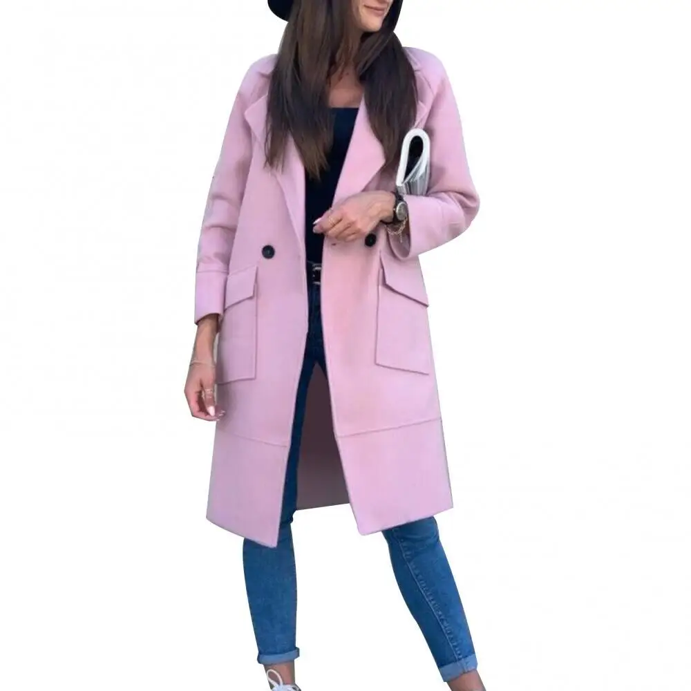 

Women Autumn Winter Solid Color Overcoat Lapel Buttons Pockets Long Coat Jacket