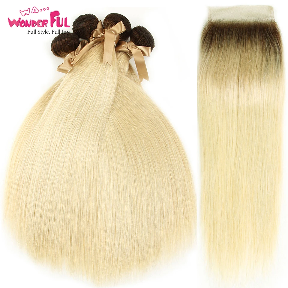 Пучки волос от светлого до темного цвета с закрытием перуанские прямые волосы 613