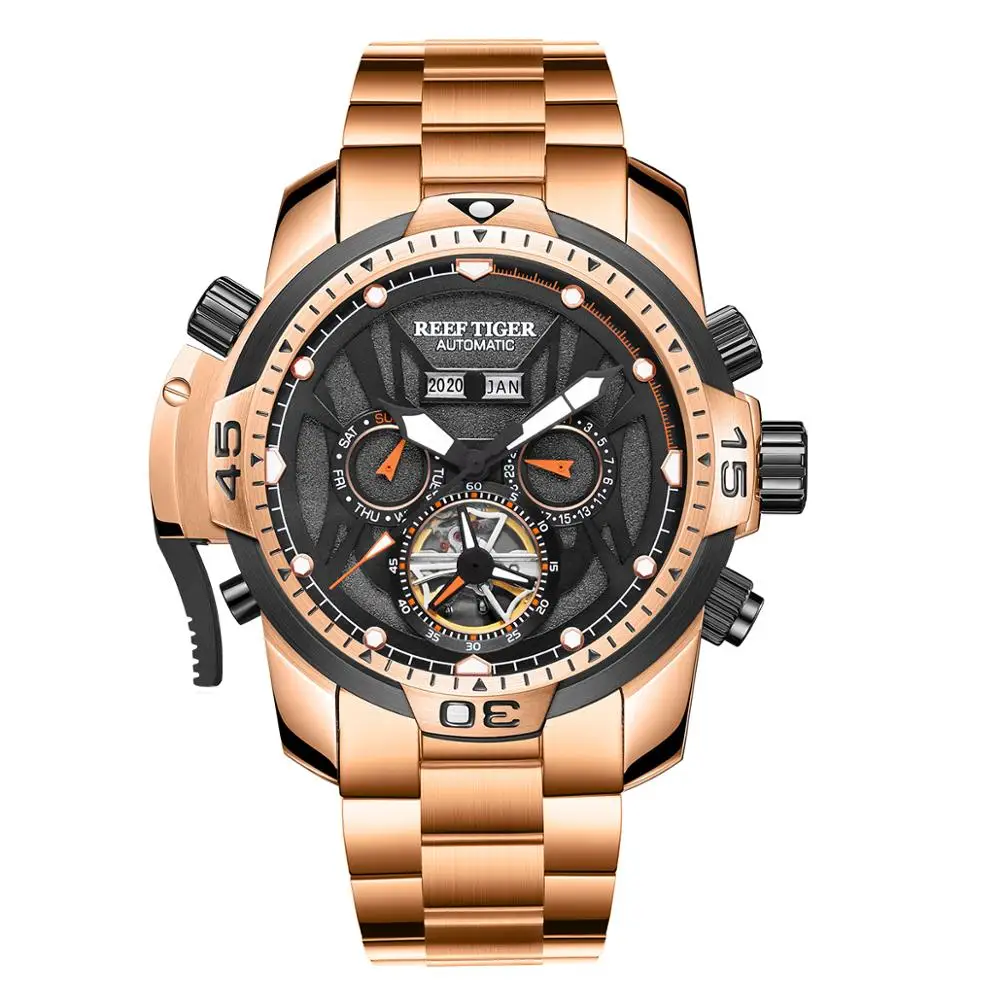 

Reef Tiger/RT Sport Men Watch Complicated Dial with Year Month Perpetual Calendar Rose Gold Black Dial Bracelet Watches RGA3532