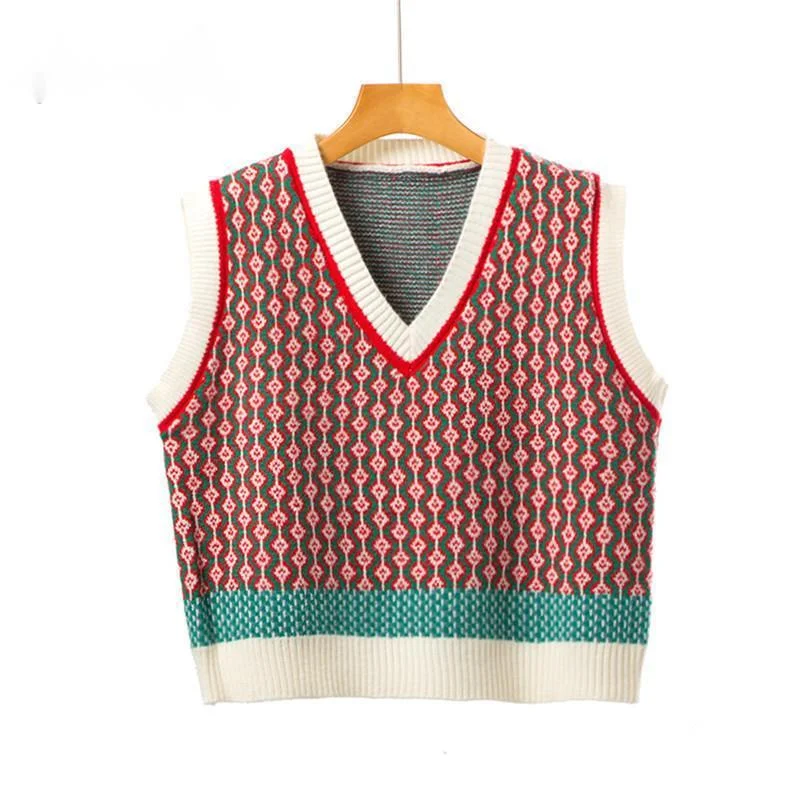 

Urifens 2021 Spring New Loose Fitting Sleeveless Knitted Vest For Women College Style V-neck Geometric Vintage Chic Vest BN50U