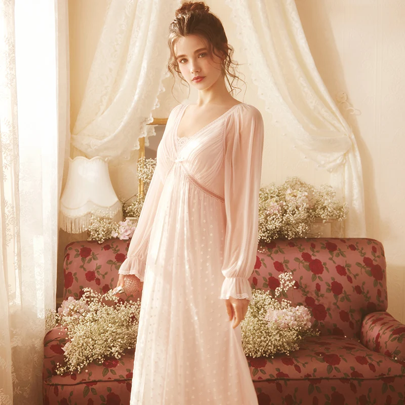 

Fairy Nightdress Spring/Autumn Thin Long Sleeve Lace Sexy Nightgown Princess Style V-neck Mesh Sleeping Dress with Chest Pad