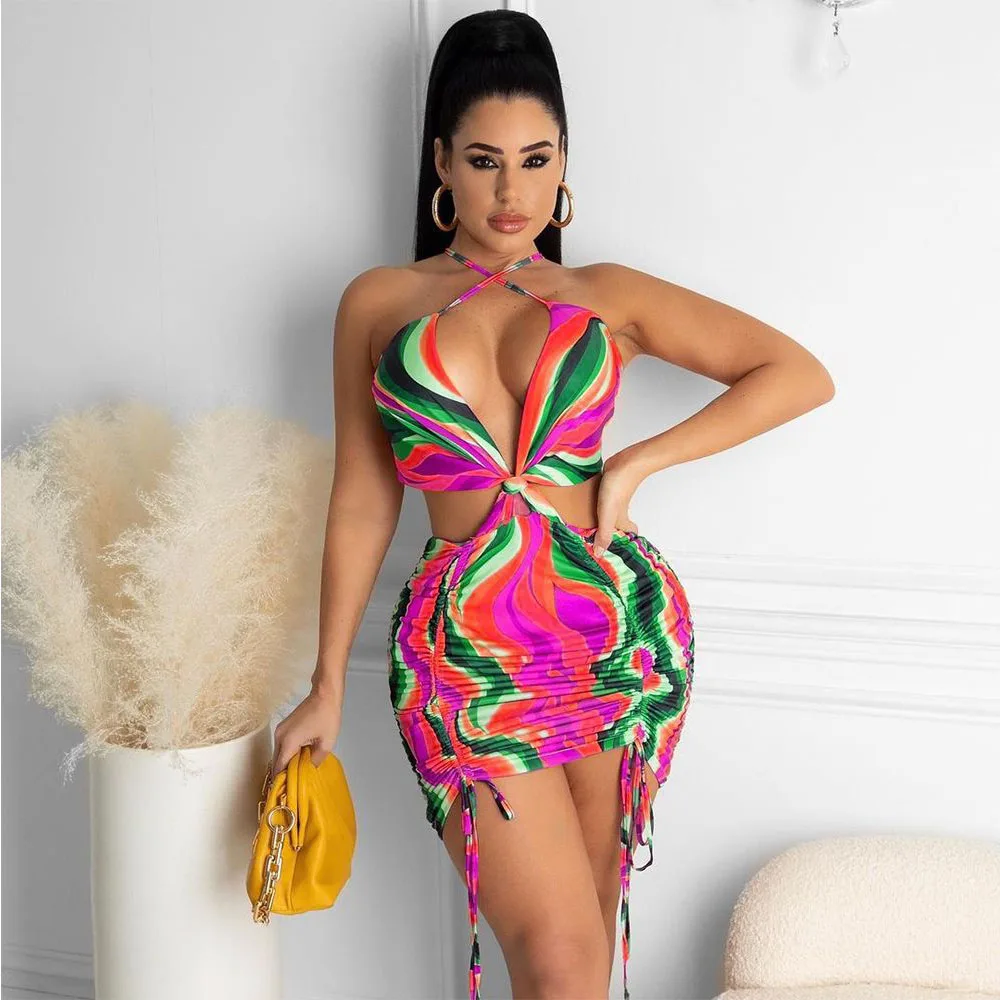 

Aesthetic Print Waist Cut Mini Dress for Women Sexy Halter Sleeveless Body-shaping Tight Dresses Cross Backless Beach Vestidos