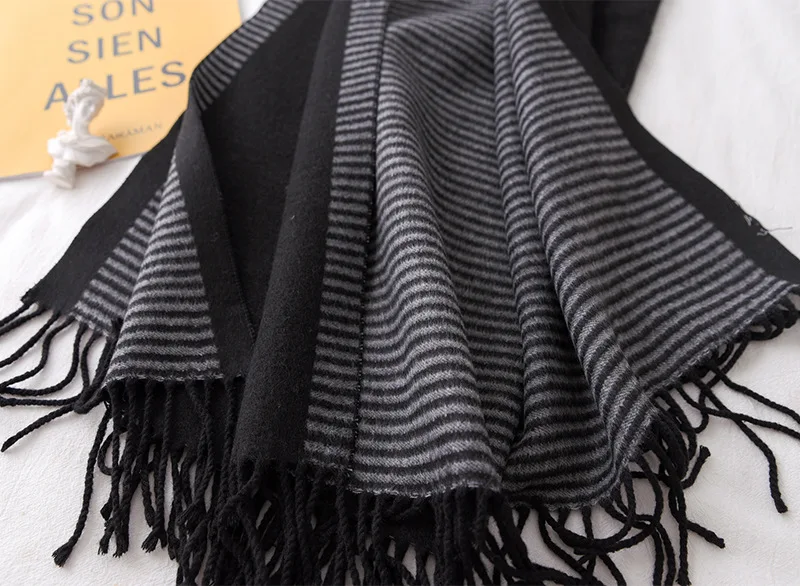 

The New Korean Scarf in Winter 2019 with Woman Stripe Imitating Cashmere,Thickened Thermal Scarf Double-sided Long fringed Shawl