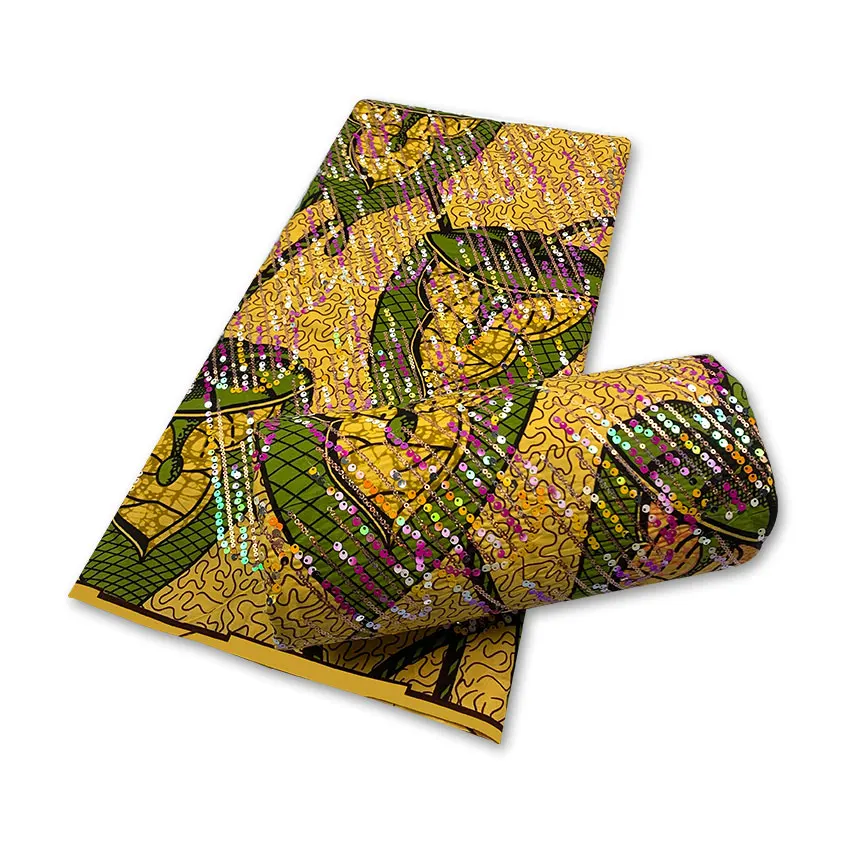 

2022 Best Quality African Full Sequins Wax Fabrics Nigeria Ankara Printed Pagne Wax Materials 6Yards/Pcs Sewing Dress Y0111-1