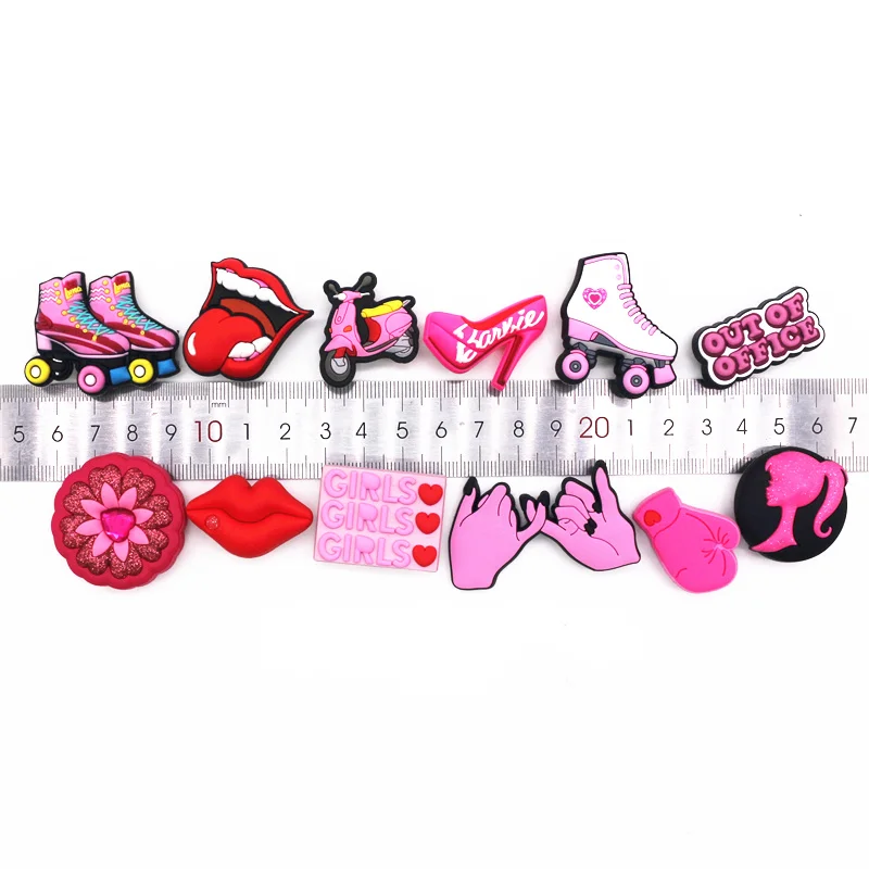 Original Shoe Charms Pink Roller Skates Girl Boxing Gloves Lips High heels Shoe Decoration Accessories for Croc jibz Kids Party