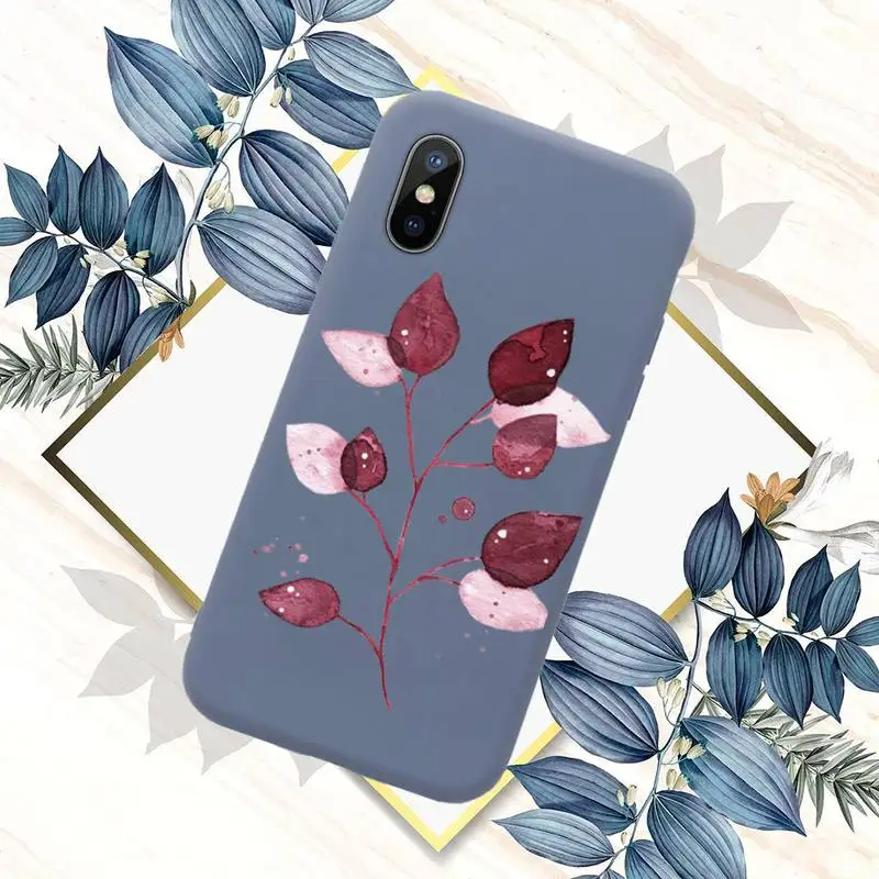 

Cute pink leaves Phone Case Blue Candy Color for iPhone 11 12 mini pro XS MAX 8 7 6 6S Plus X SE 2020 XR