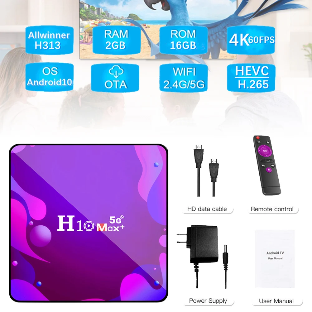 

H10 MAX+ 16G Smart Set Top Box Android 10.0 H313 Quad-Core 4K TV Box Supports HDMI-compatibl 2.4G/5G WiFi 64 Bit with IR Control