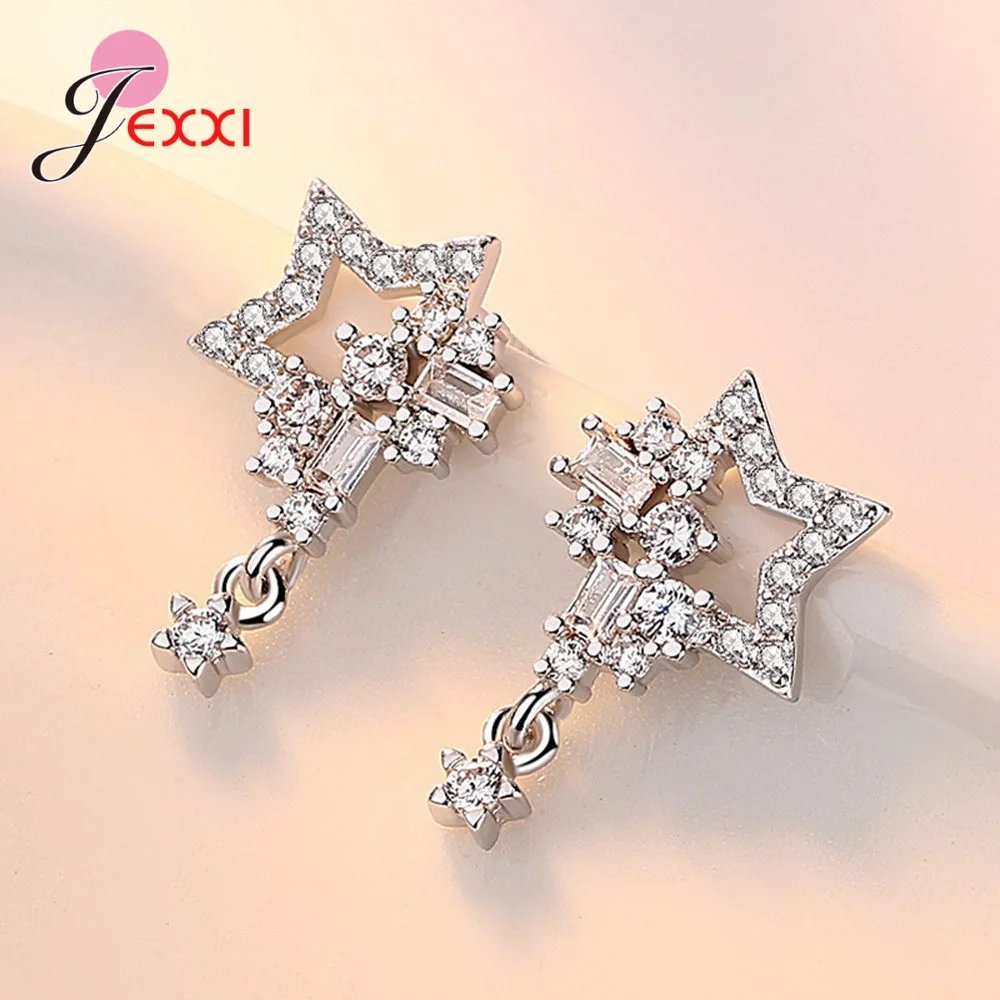 925 Sterling Silver Statement Earrings Cubic Zirconia Stone Inlay Paved Setting Star Hanging Dangle Modern Ear Brincos Jewelry | Украшения