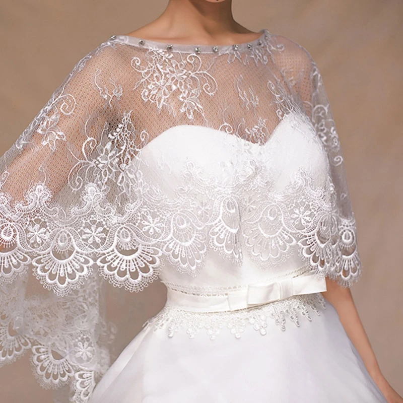 

Women Floral Lace Wedding Cape Shawl Wrap Rhinestone Bridal Capelet Bolero Shrug
