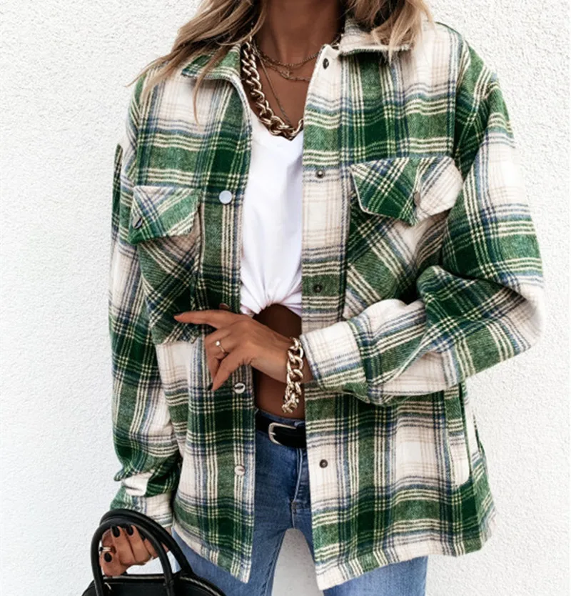 

Vintage Green Plaid Women's Casual Shoulder Lapel Long Sleeve Single-breasted Shirt Women Streetwear Fashion Spring Autumn 2020