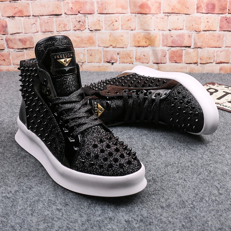 Luxury rivet designer sneakers men's shoes high-top gold red light sole casual platform zapatillas hombre punk | Обувь