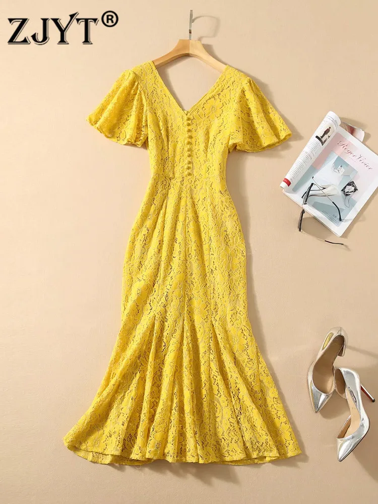 

Elegant Lady Runway Designer Butterfly Sleeve Yellow Trumpet Lace Dress Summer 2022 Women's Fashion Party Cocktail Vestidos