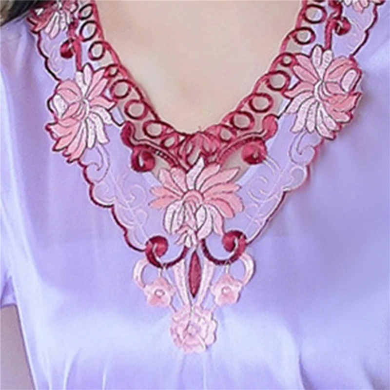 

Lace Patchwork Ice Silk Satin Night Dress Smooth Nightwear Sexy Women Sleepwear Summer Short Sleeve Nightgown Vestidos