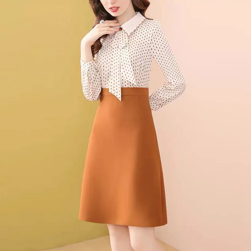 

Only Plus French Vintage DOT Patchwork Dress Women Yellow Autumn Peter Pan Collar A-line Dresses Office Lady Elegant Vestidos