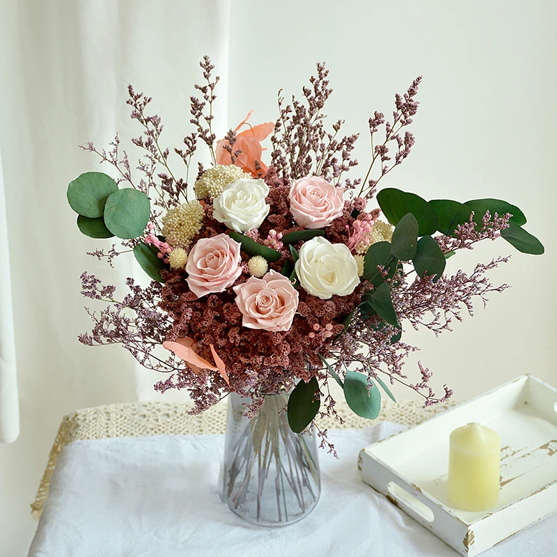 

Eternal Rose Bouquet Natural Dried Flowers Decor Preserved Artificial Plants Pink Wedding Accessories Living Room Decoration