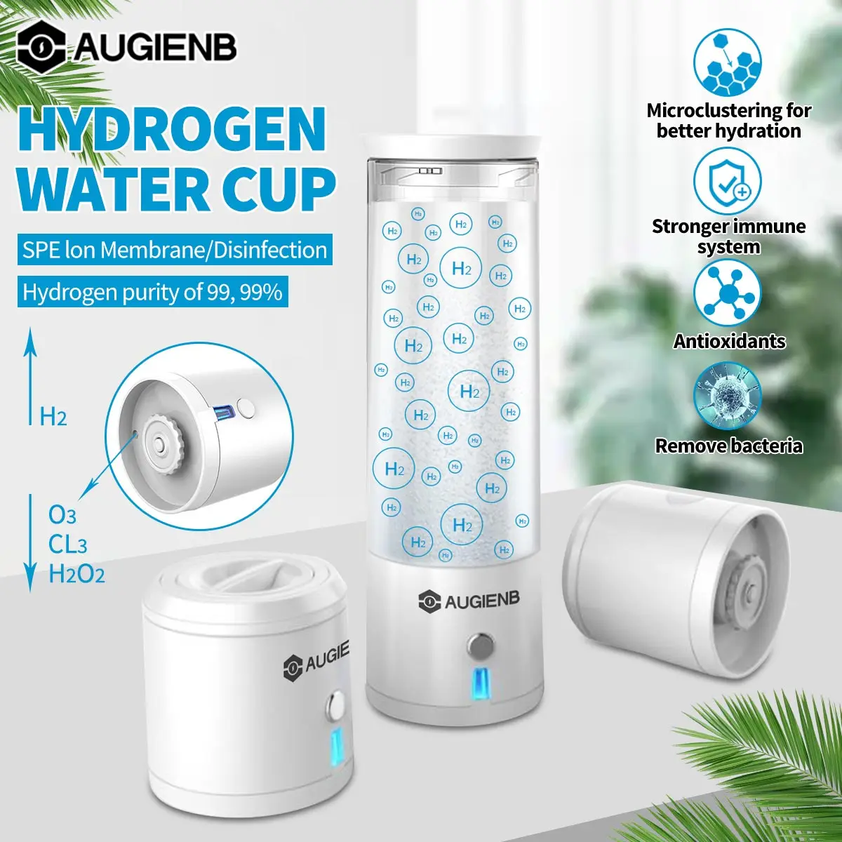 

AUGIENB 300ml SPE PEM Hydroge Rich Water Bottle Ionizer Generator Maker Energy Cup BPA-free Anti-Aging Rechargeable Healthy