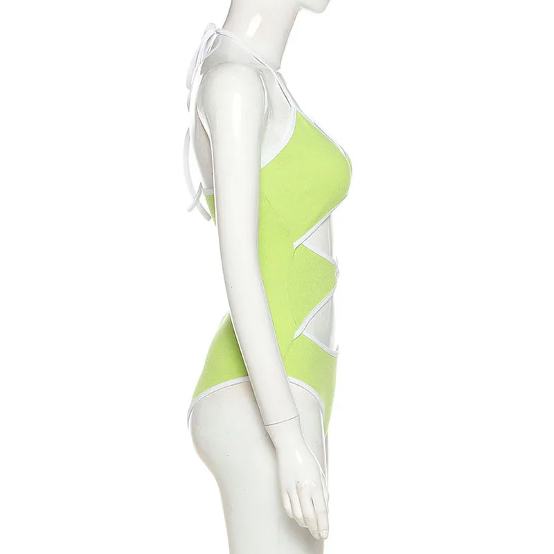 

Female Bodysuit, Adults Sleeveless Strappy Romper Hollow Out Playsuit for Summer, Green Sexy hollow lace halter neck jumpsuit