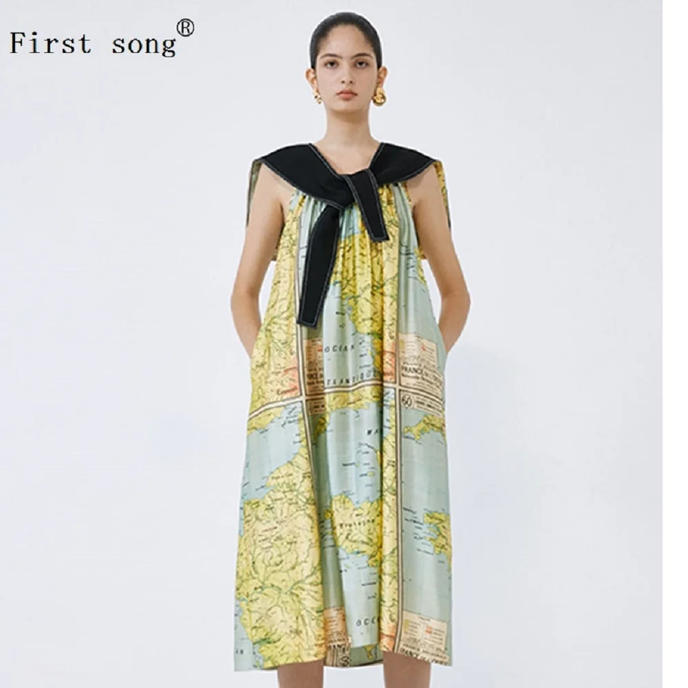 

Free shipping printed map loose sleeveless suspenders dress ladies summer new style with small shawl two-piece suit personality