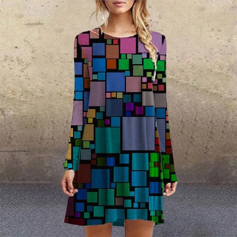 

2020 Autumn& winter Women's A-Line Casual Printed Gothic Dresses Long Sleeve Floral 3D Print Cat Casual Swing T-Shirt Dress