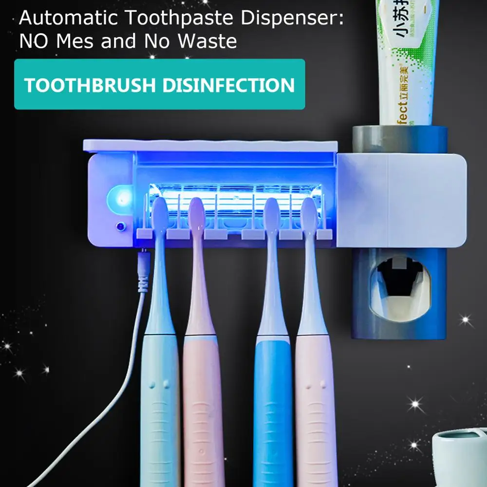 

UV Toothbrush Holder Rack Sterilizer Cleaner Toothpaste Dispenser Wall Mounted