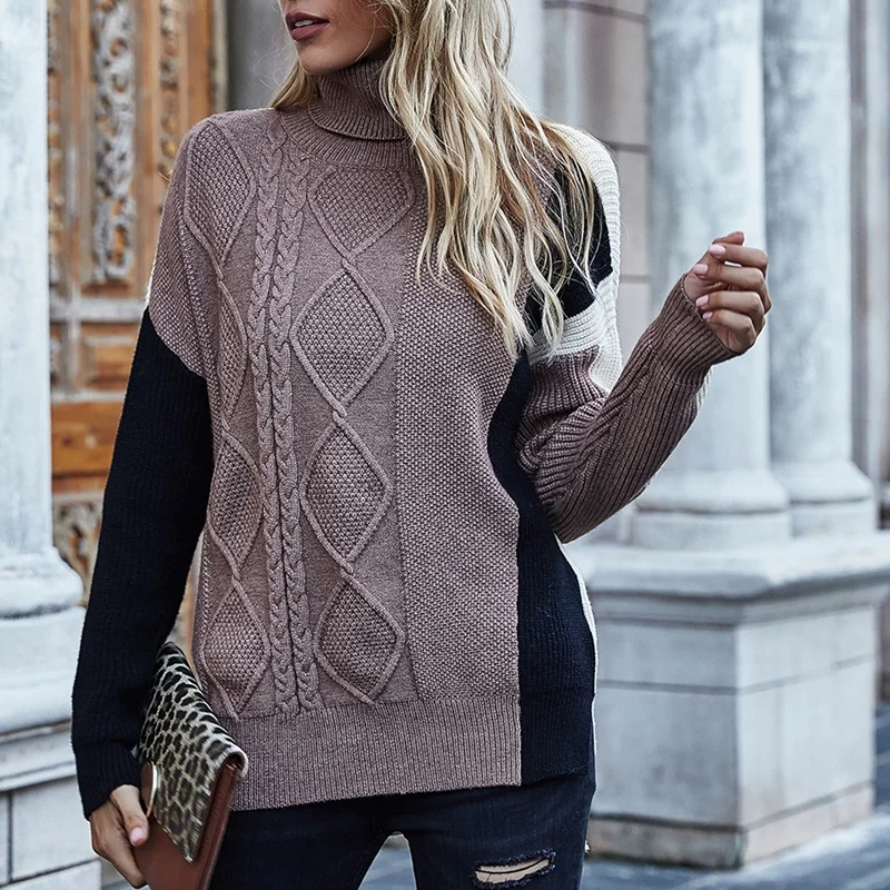 

Knitted Patchwork Sweater Women Autumn Winter Turtleneck Long Sleeve Pullover Female Jumper Knitwear