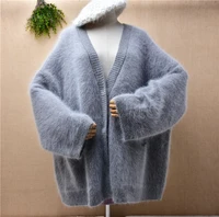 female women winter clothing hairy mink cashmere knitwear loose lazy oaf oversize v neck cardigan angora fur jacket coat sweater