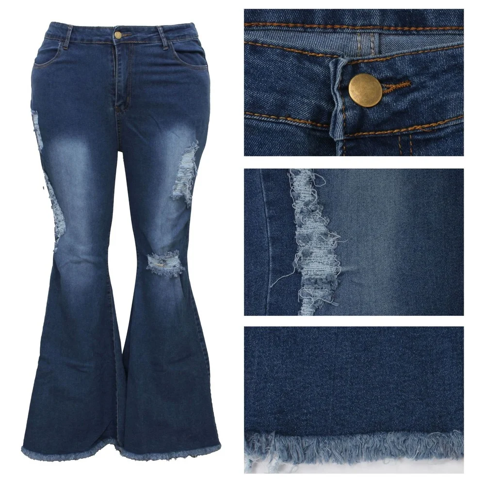 

Denim Pants Women 2021 New Ripped Jeans Stretch Slim-fit Denim Plus Size Flared Pants