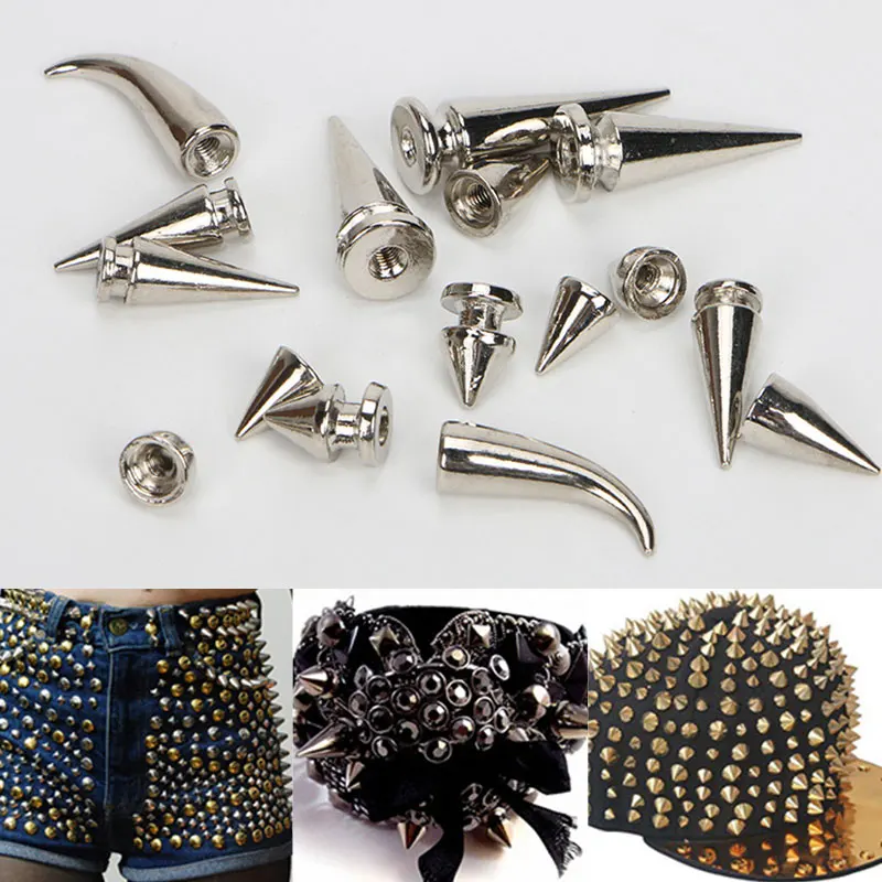 

10 Sets Silver Metal Screwback Cone Studs Bullet Spike Stud Punk Bag Belt Shoes Clothes Leathercraft Cone Rivet DIY
