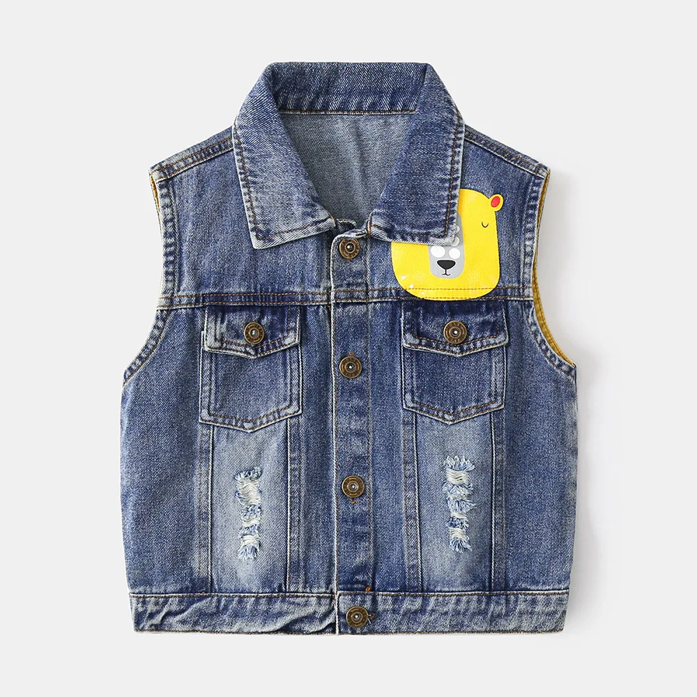 

Children Denim Vests 1-9 Years Baby Boys Cartoon Print Jeans Jacket Spring Autumn New Boy Kids Fashion Ripped Pocket Denim Top