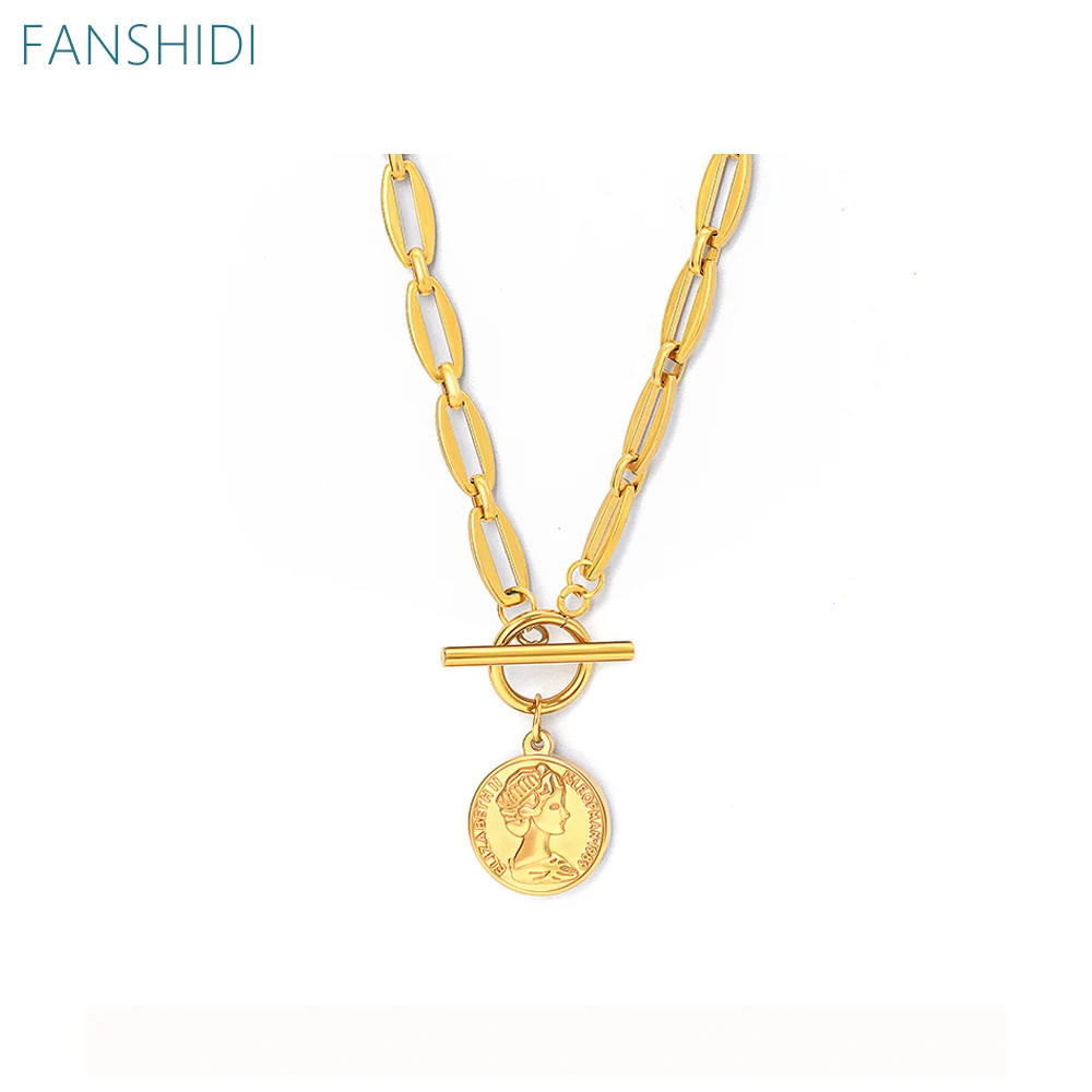 

FANSHIDI Coin Necklace Women Toggle Choker Stainless Steel Ellipse Chain Gold Color Necklace 2021 Fashion Jewelry
