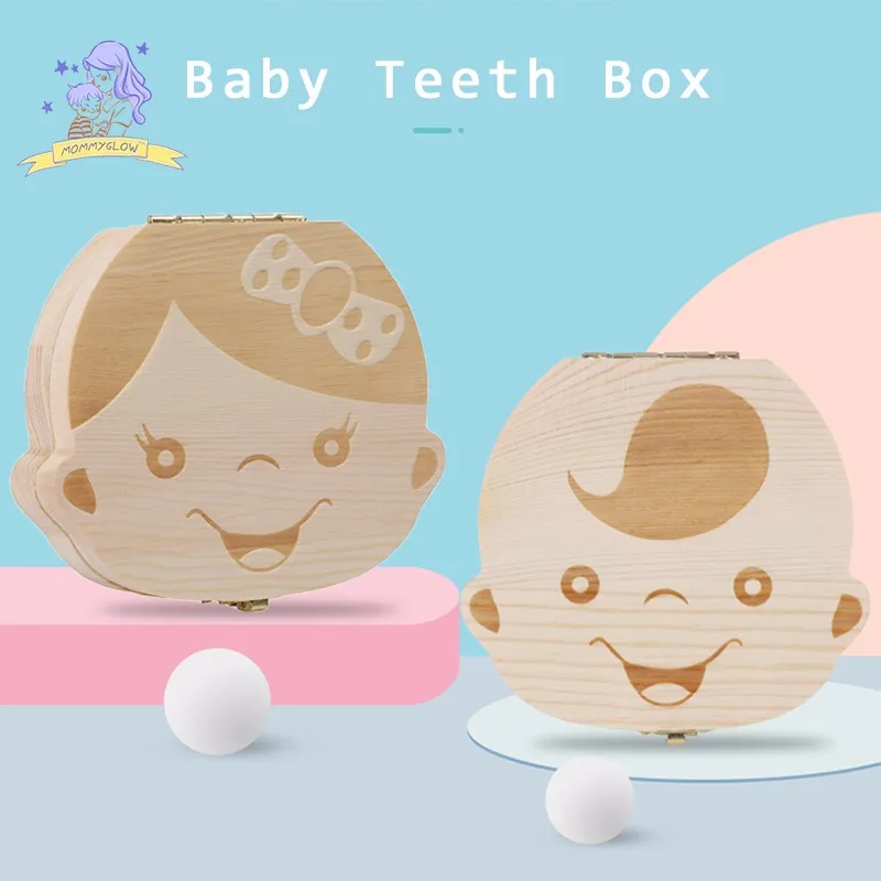 Baby Teeth Box English French Spanish Russian Dutch Letter Baby First Curl Storage Wooden Boys Girls Organizer Souvenir Gift