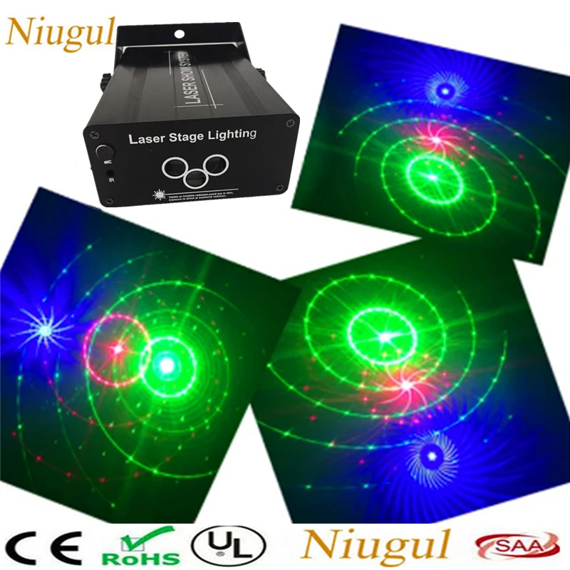 Niugul Авто/Звук RGB сценическое освещение 3 объектива большие узоры лазерное