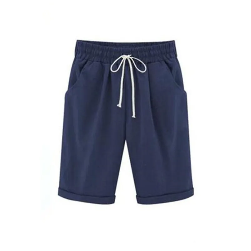 

Summer Fashion Cotton Linen Women Pants Flanging Elastic Waist with Drawstring Loose Beach Trouser shorts feminino