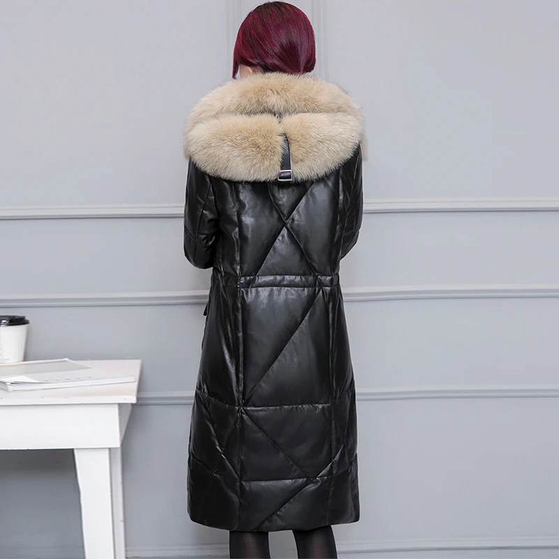Women Winter Black Leather Jacket PU Parkas New Ladies Fur Collar Hooded Camel-Padded Long Coat Female Outerwear Warm Clothing
