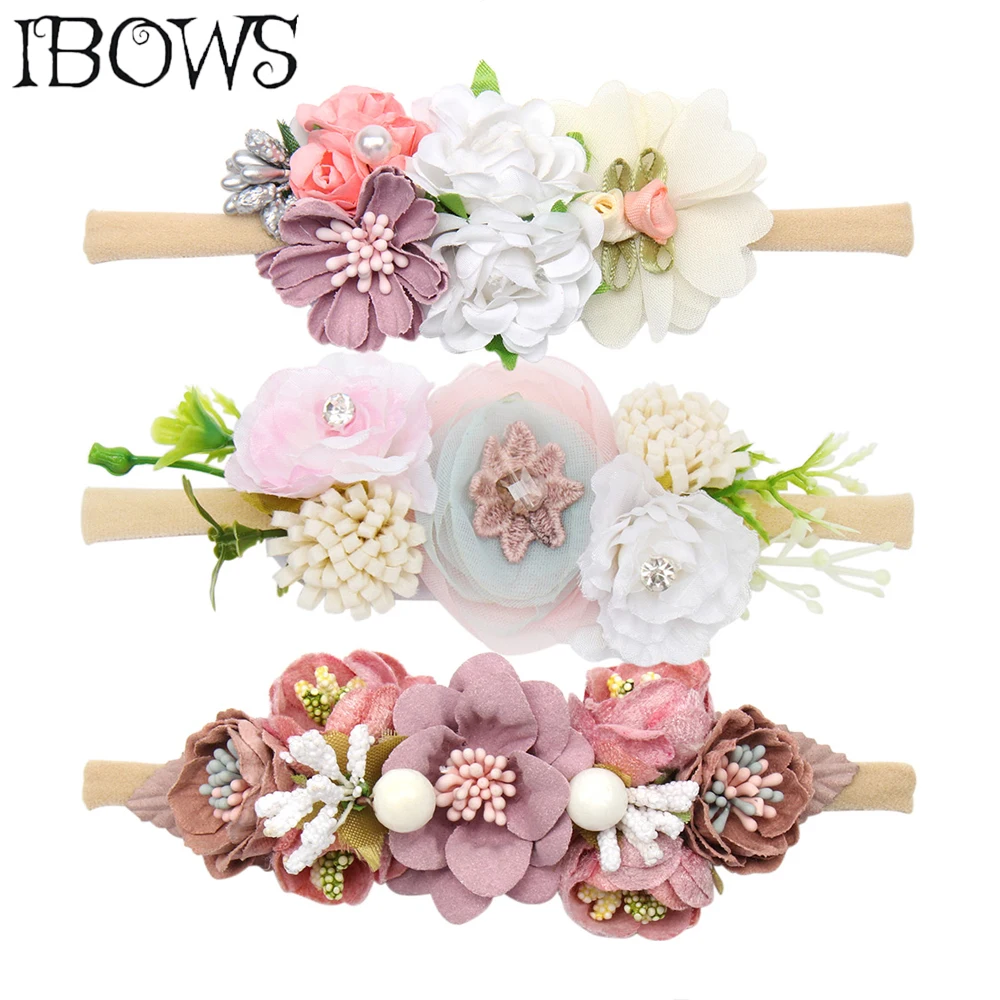IBOWS Hair Accessories Lovely Baby Headband Fake Flower Nylon Hair Bands For Kids Artificial Floral Elastic Head Bands Headwear