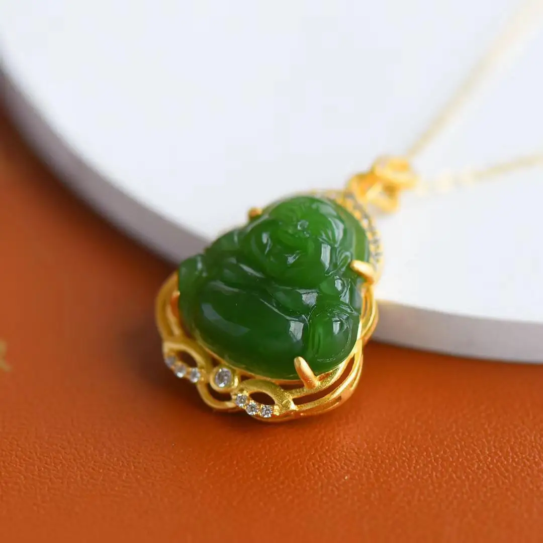 

Natural Hetian Jade Maitreya Smiling Buddha Pendant 2021 hot new style Inlaid Spinach Green Jasper Buddha Jade Pendan