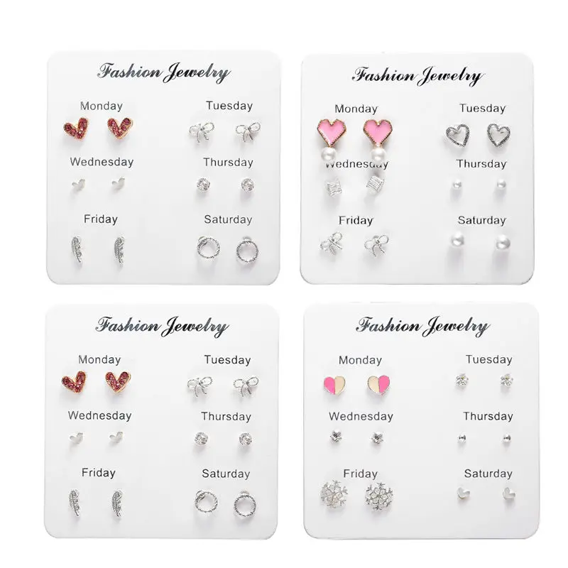 

Fashion One Week Earring Set Simple Crystal Heart Stud Earrings For Women 6 Pairs/set Mini Brincos Valentine's Day Gift
