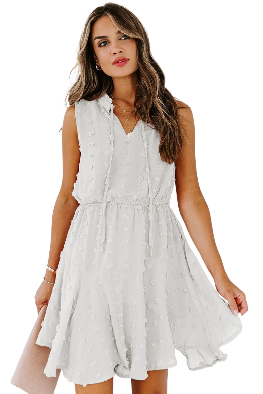 

White Split Neck Solid Women Short Mini Dress