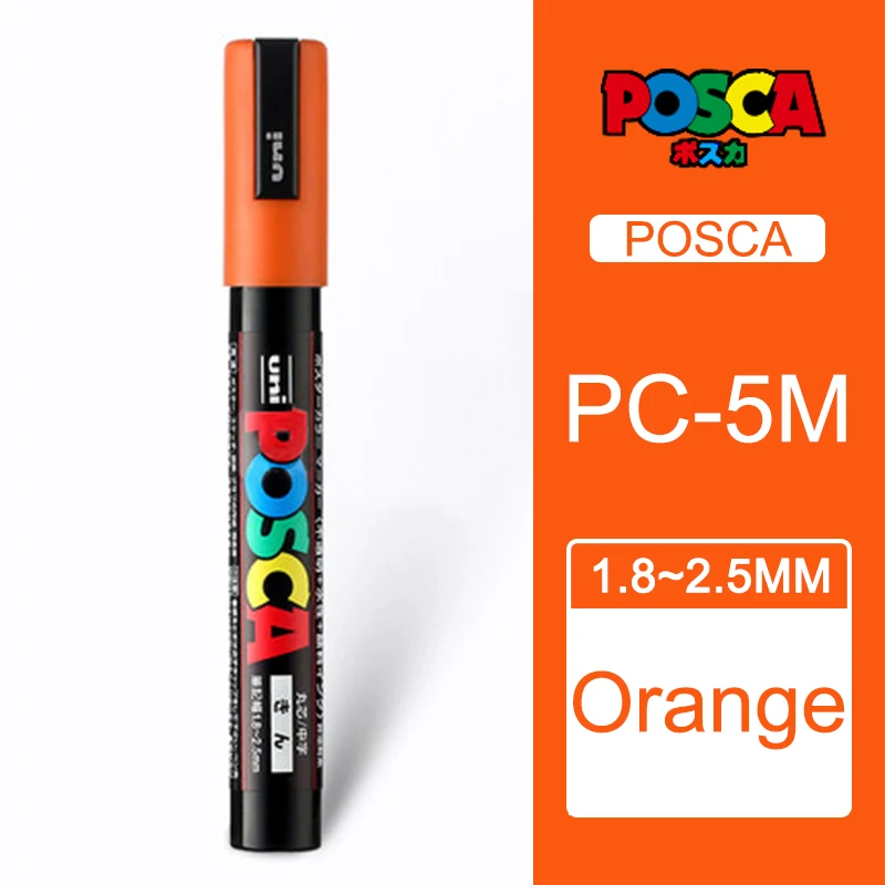 1 шт., японские PC-5M маркеры для рисования Uni Posca, средний наконечник, 1,8 мм-2,5 мм, 17 цветов, для школы, офиса, художественного маркера - Цвет: Orange
