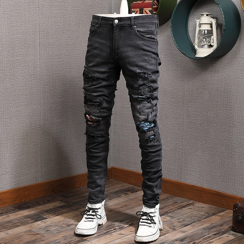 

Street Style Fashion Men Jeans Retro Black Gray Elastic Slim Fit Ripped Jeans Men Patches Designer Hip Hop Denim Punk Pants